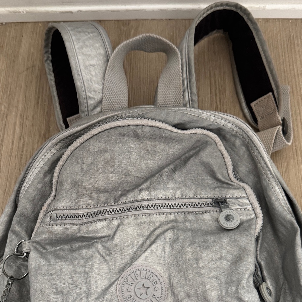 Kipling Metallic Silver Backpack With Monkey Charm - image 4